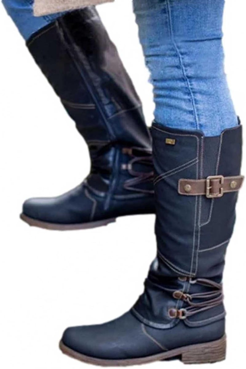 woobles Women's Vintage Leather Zipper High Snow Boots, Fashion Large Size Boots Women Autumn Long Tube Zipper Low Heeled Shoes Boots Pointed Boots Knight Boots - Image 3